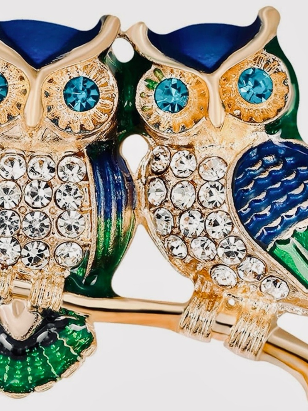 Gold-tone Blue & Green Crystal Owl Brooch
